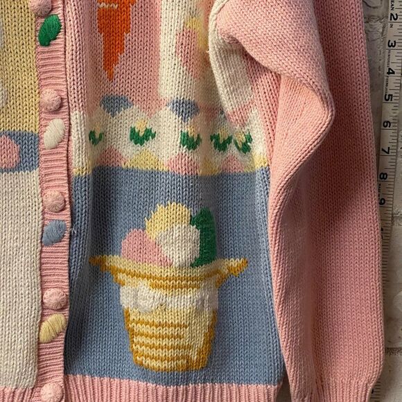 Vintage Alexandra Bartlett Handcrafted Easter Knit Cardigan Pastel Bunny Carrot - Picture 4 of 12
